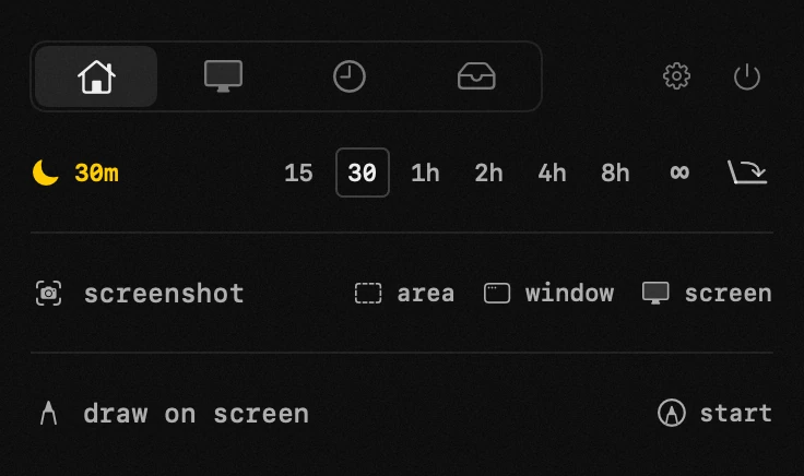 awake: one of twenty hop tools, all of them offline hop panel in the macOS menu bar: awake