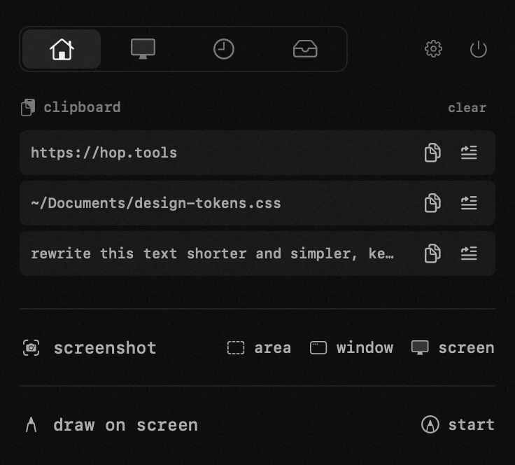 clipboard: one of twenty hop tools, all of them offline hop panel in the macOS menu bar: clipboard