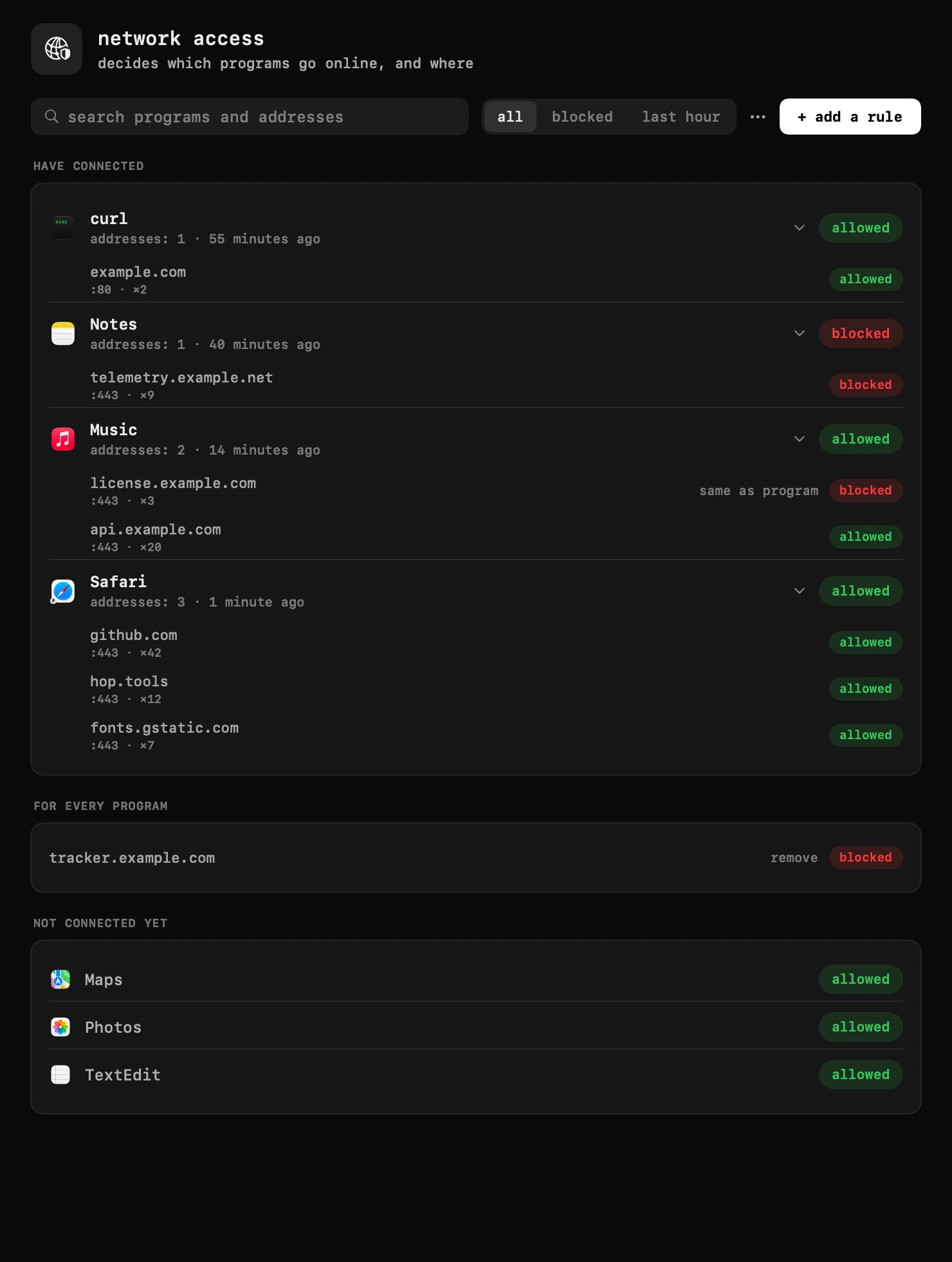 traffic blocking: one of twenty hop tools, all of them offline hop panel in the macOS menu bar: traffic blocking