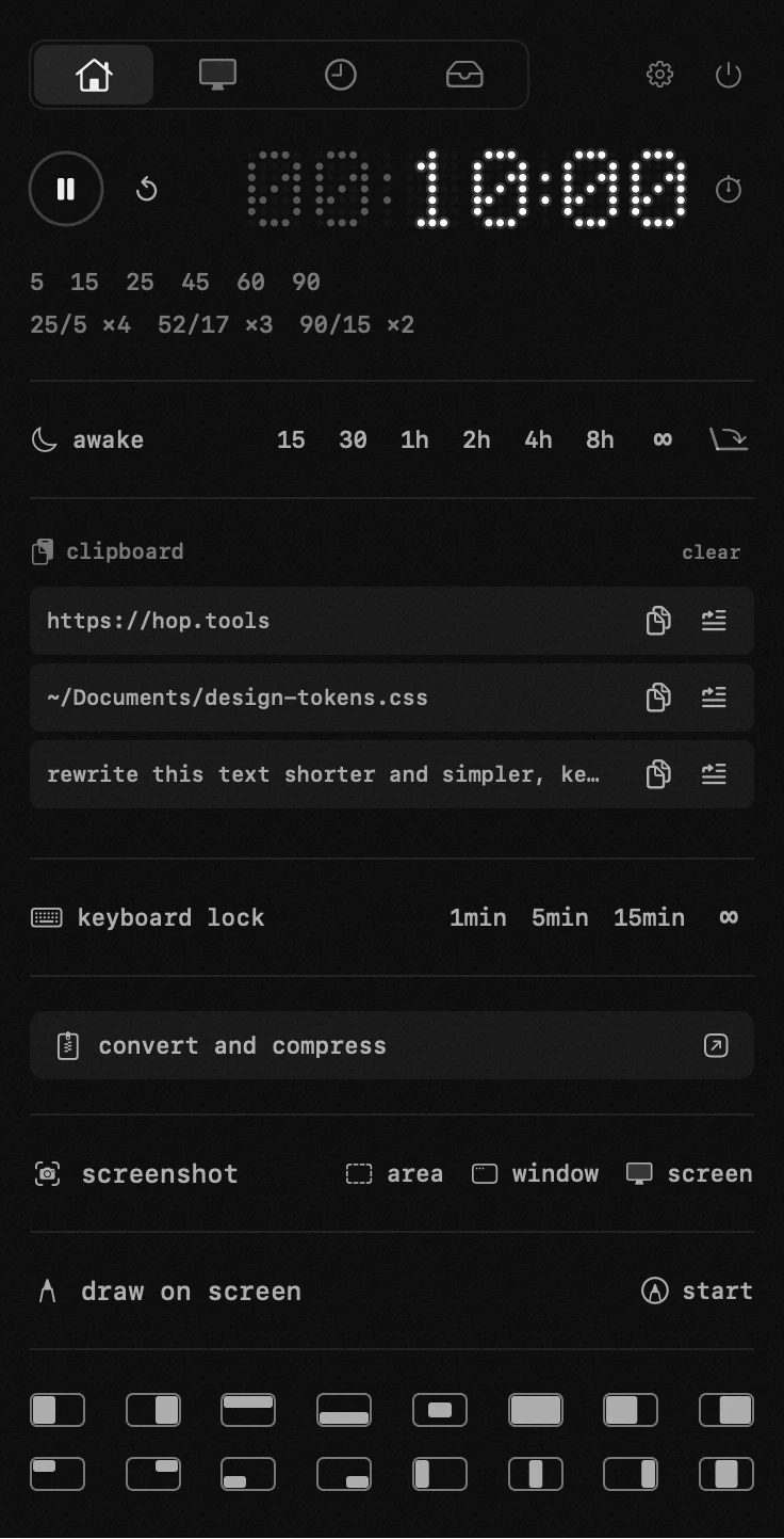 twenty tools in one menu-bar panel, no account and no network the hop panel open in the macOS menu bar
