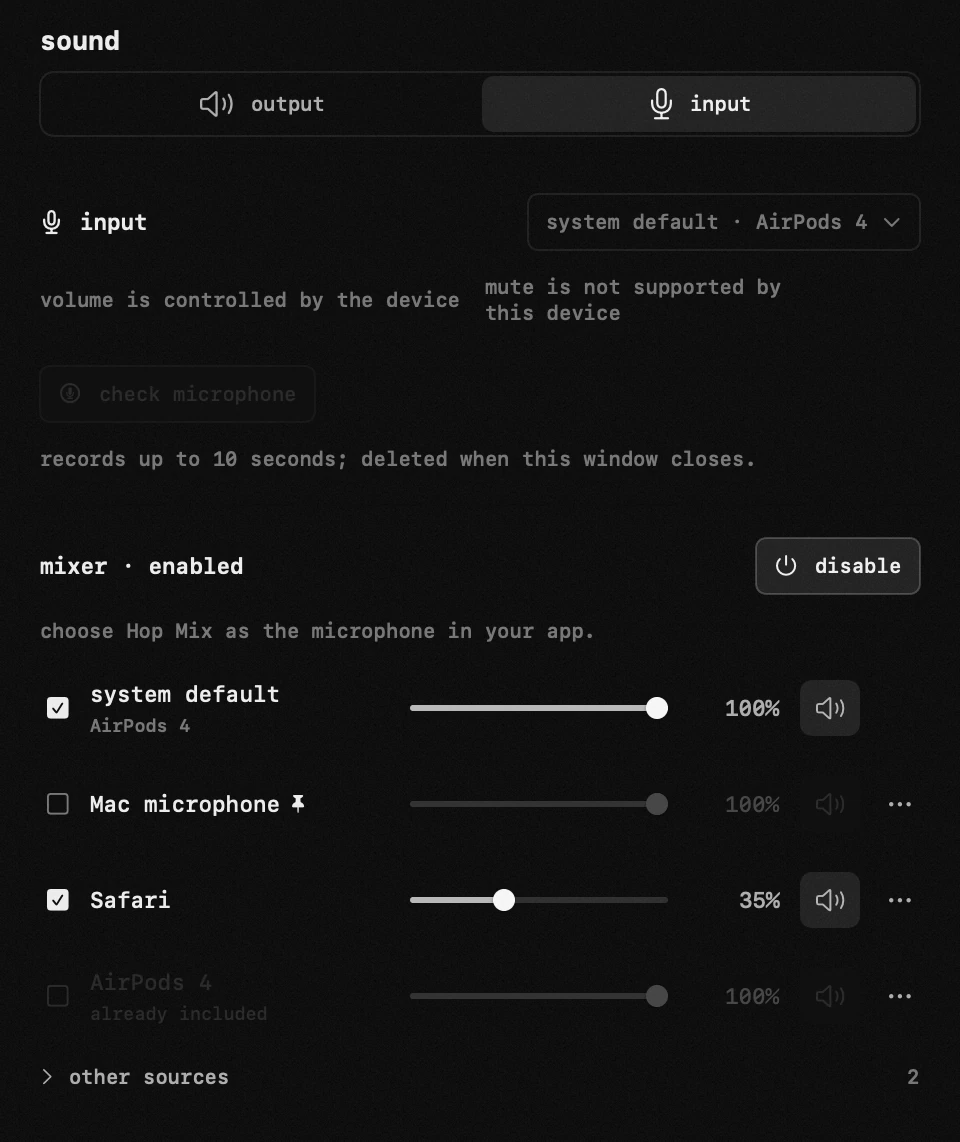 hop panel in the macOS menu bar: sound · Hop Mix