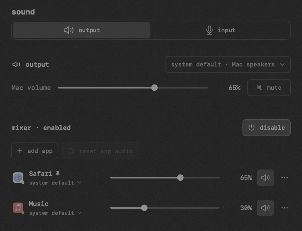 sound: one of twenty hop tools, all of them offline hop panel in the macOS menu bar: sound