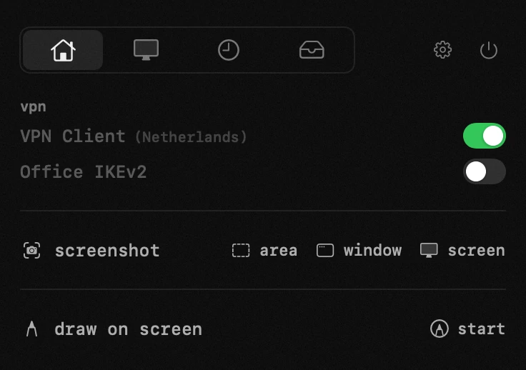 vpn: one of twenty hop tools, all of them offline hop panel in the macOS menu bar: vpn